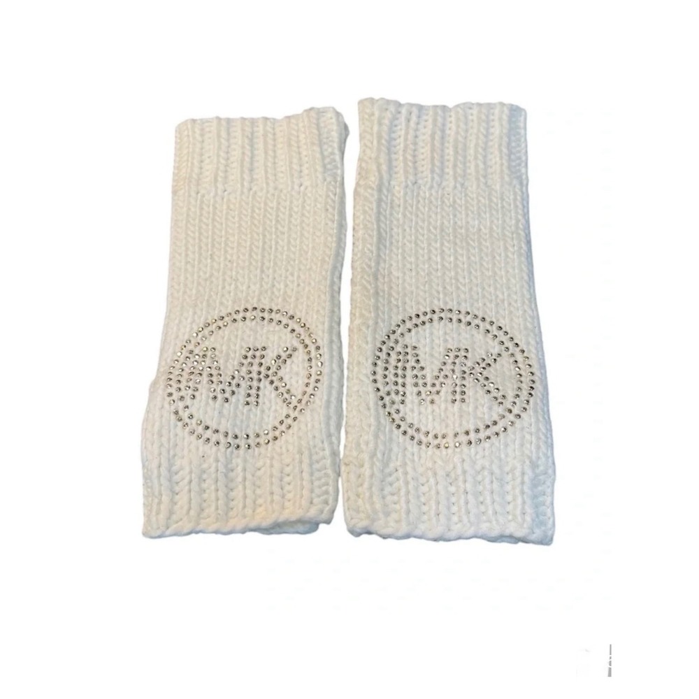 Michael Kors White Chunky Knit Rhinestone MK Logo Fingerless Gloves Arm Warmers